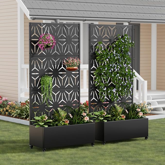Casaphoria 72x35 Metal Raised Garden Bed with Trellis(2 Pack) Outdoor Planter Box with Wheels &amp Drainage Holes for Climbing Plants Flowers Elevated Garden Kit with Privacy Screen Black-Star