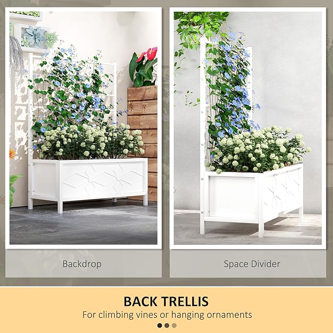 Outsunny Planter Box with Trellis 35.4 x 15.7 x 47.2 inch Raised Garden Bed with Drainage Holes Planters for Outdoor Plants Vegetables Flowers Herbs Trellis Planter White