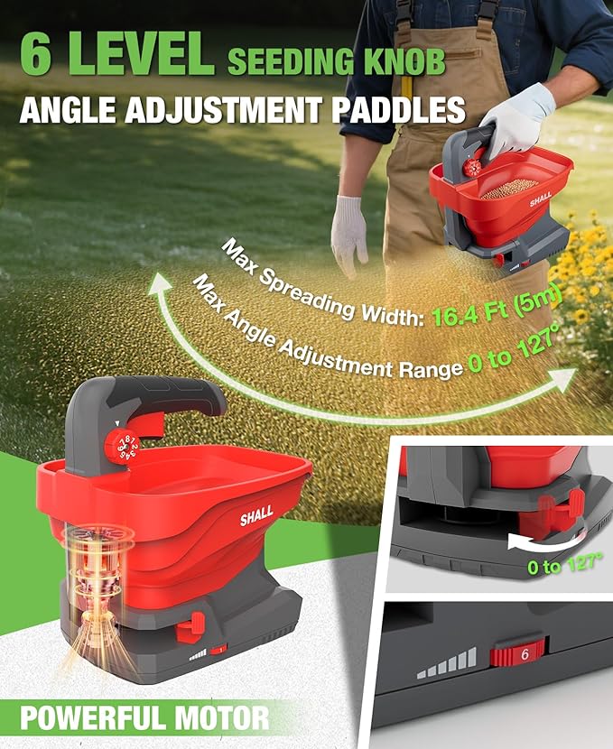 SHALL Battery Powered Fertilizer Spreader 7.2V Rechargeable Seed Spreader for Salt De-Icer Earth Food Grass Seed 8-Level Settings and 3.3L Large Capacity Spreading up to 6458 sq.ft