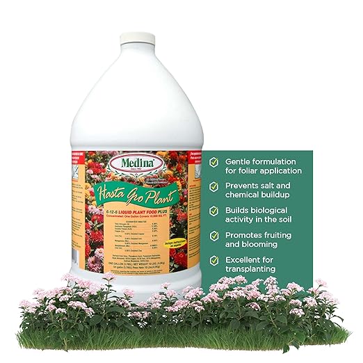 Medina HastaGro Plant Food 6-12-6 Liquid Fertilizer - Natural Plant Fertilizer for Healthy Growth - Food for Plant Nutrients &amp Vibrant Blooms - Promotes Root Development &amp Stronger Plants (1 G
