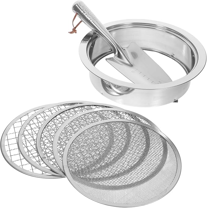 DOITOOL Stainless Steel Soil Sifter Set with 1/3/6/9/12mm Mesh Screens and Shovel for Gardening Compost and Rock Filtration – 7pcs Garden Soil Screen Tool Kit for Home Use