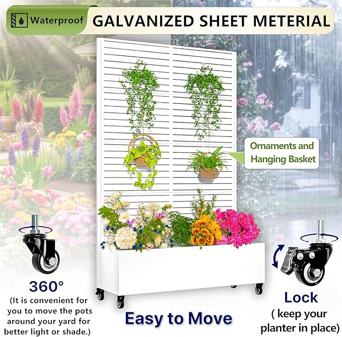Metal Planter Box with Trellis72x47x16Galvanized Steel Outdoor Raised Garden Bed with Privacy Screenwith Drainage Holes &amp Lockable Casters for Climbing PlantsVegetablesand Vines(WHITE-BYC)