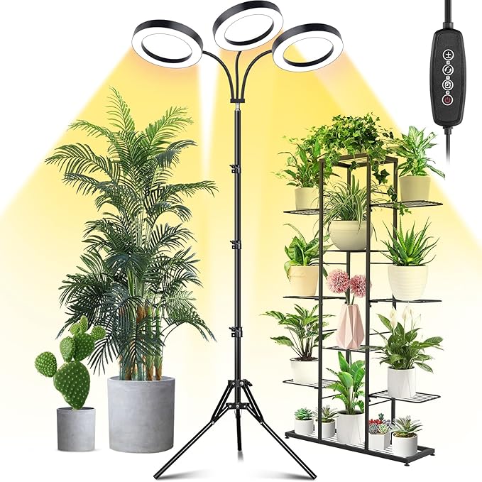 LORDEM Grow Light for Indoor Plants 7.9 Diameter Tri-Head Plant Light for Plants Growing Full Spectrum Growth Lamp with Auto Timer 3/6/12H 4 Dimmable Levels 3 Lighting Modes Adjustable Stand