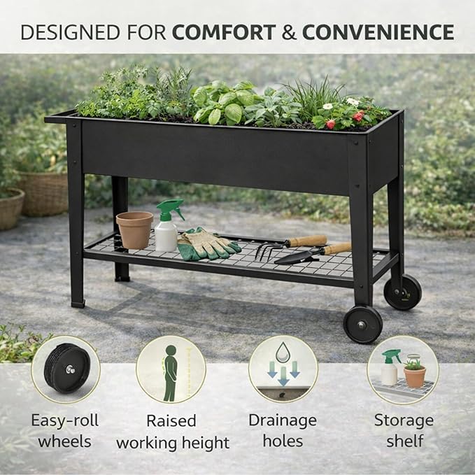 InSideOut Elevated 40 Raised Garden Bed Outdoor with Wheels &amp Shelf for Mobility Metal Planter Box for Vegetables/Herbs Patio-Balcony-Backyard (Charcoal)