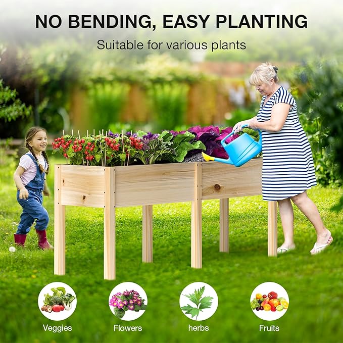 MIXC 72”L X 23”W Raised Garden Bed Outdoors with Legs Elevated Reinforced Wooden Large Planter Box for Backyard Patio Balcony w/Divider Panel 6 Legs 300lb Capacity