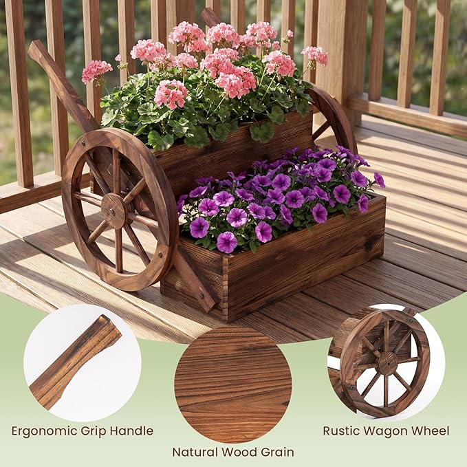 HAPPYGRILL Wooden Wagon Planter Box 2-Tier Raised Garden Bed w/Wheels &amp Drainage Hole Decorative Garden Planter for Flowers Herbs Vegetables Indoor Outdoor Flower Cart for Patio Garden Balcony
