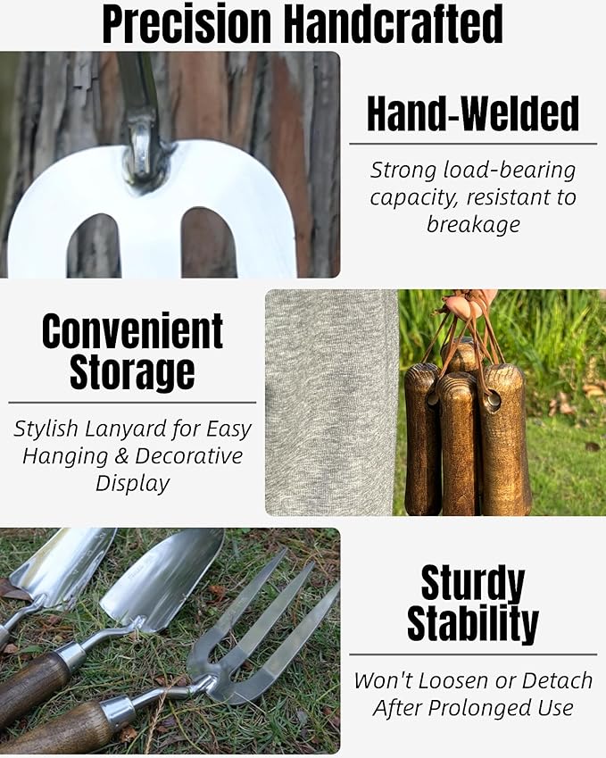 Garden Tool Set 6PCS Heavy Duty Stainless Steel Gardening Hand Tools with Ropes Includes Hand Cultivator Shovel Trowel Transplanter 2-in-1 Hoe Pruner Ideal Gardening Gifts for Women Men (Upgrade)
