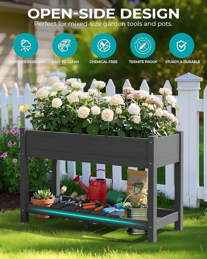 SERWALL Raised Garden Bed with Legs 43×17×30 Large HDPE Elevated Planter Box for Vegetables Flower Herb Patio All Weather Use- Gray