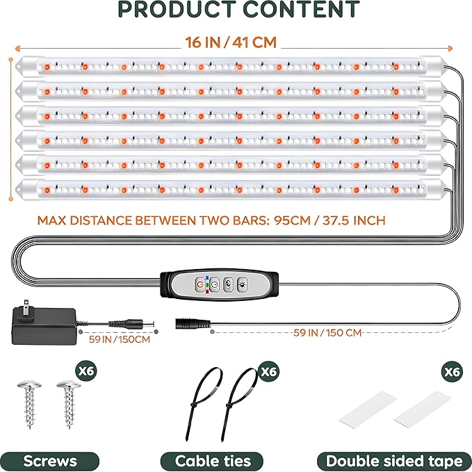16'' 6 Bars Grow Light Strips for Indoor Plants with Auto ON/Off Timer 6/12/18H 5 Dimmable Levels for Shelves Plant Growing(Pack 1)