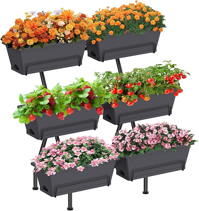 Sunexinlo 3-Tier Vertical Garden Planter with 6 Boxes 31 Tall Raised Garden Bed with Adjustable Feet for Herbs Flowers Vegetables Ideal for Indoor Outdoor Patio Balcony Deck Use Gray