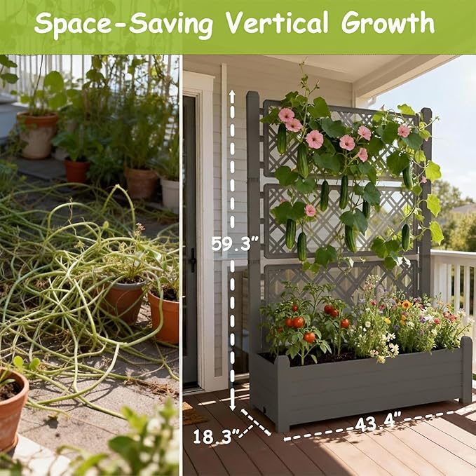 5.3' Tall Raised Garden Bed with Trellis Self Watering Planter Box for Outdoor Climbing Plants Resin Garden Lattice for Vegetables Flowers Tomato &amp Vine with Drainage Holes (Coffee 4 pack)