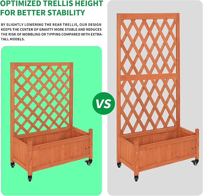 2 Pcs Wooden Planter Boxes with Trellis: Four Universal Wheels for Easy Mobility 37.6 H x 27.5 W x 13 DPerfect for Outdoor Climbing Plants on Patios Balconies &amp Gardens