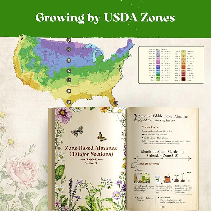 Lush&ampDew Edible Flower Seed Bank with Almanac Gardening Gifts for Women Men 32 Types 30000+ Non-GMO Heirloom Seeds for Planting Culinary Flowers Survival Seed Kit Annual Perennial Zone 3-11