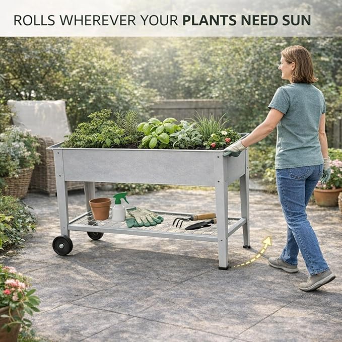 InSideOut Elevated 40 Raised Garden Bed Outdoor with Wheels &amp Shelf for Mobility Metal Planter Box for Vegetables/Herbs Patio-Balcony-Backyard (White)