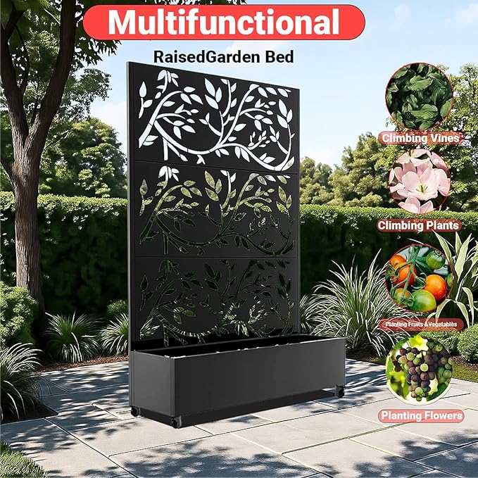 Metal Raised Garden Bed 72 H x 47 W Privacy Planter Box with Trellis and Wheels Hook Freestanding Privacy Planter Box for Climbing Plants Vegetables &amp Vines Drainage Holes