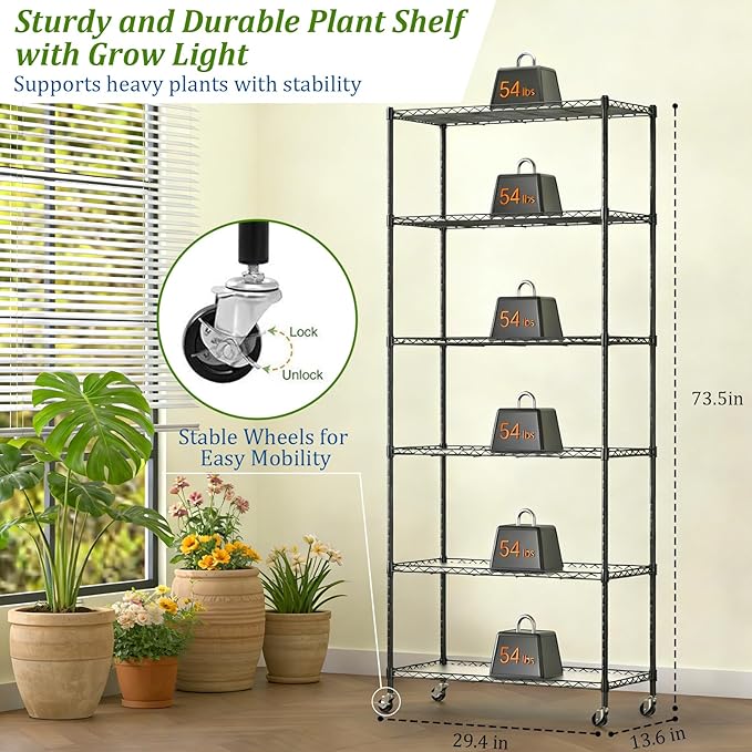 Plant Shelf with Grow Light DIY 6-Tier Plant Stand with Grow Light Adjustable Rack and Wheels 8 Pack 24 192W T8 Full Spectrum Grow Lamp for Indoor Plants Seed Starting Vegetable 29x13.5x73.5