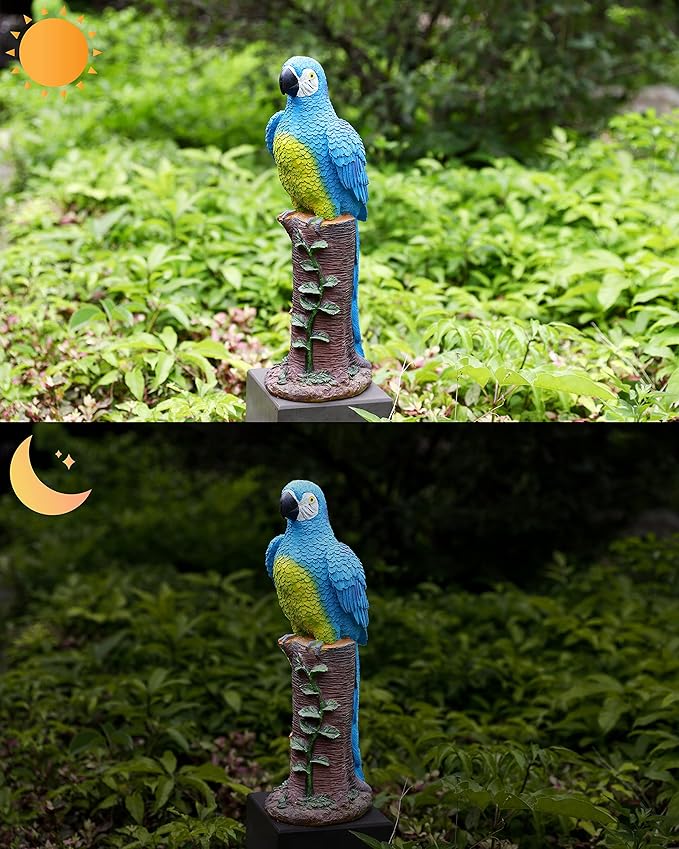 Techko Decorative Blue Parrot Outdoor Garden Statue Waterproof Solar LED Spotlight Tropical Tiki Decor