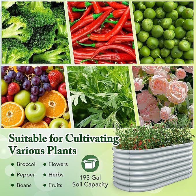 Giantex 5x3x2ft Raised Garden Bed Large Metal Elevated Oval Planter Bed 193 Gallon Capacity Outdoor Planting Garden Box for Vegetable Flower Herb Grow (Grey)