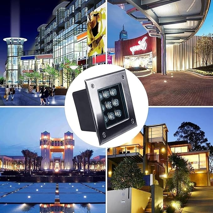 LED Garden Lights - 12V Outdoor Buried Lights Square LED Outdoor Recessed Spotlights IP67 Waterproof Inground Spotlight For Outdoor Deck Stairs Pathway Lawn Landscape Lighting(Yellow9W)