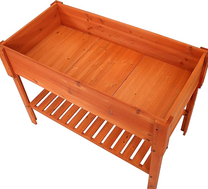 Sunnydaze 42-Inch Wooden Outdoor Raised Garden Bed with Lower Shelf for Flowers Herbs and Vegetables - Stained Finish