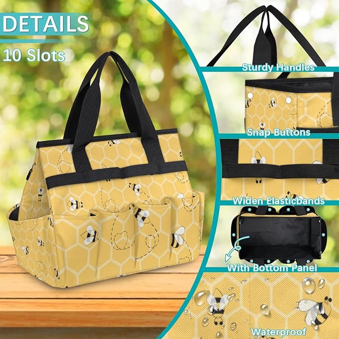 Yellow Bee Gardening Tool BagHeavy Duty Garden Tote BagPortable Oxford Gardening Storage Basket Organizer Handbag with Pockets HandleHand Tools Gifts for Outdoor Garden Lawn Yard