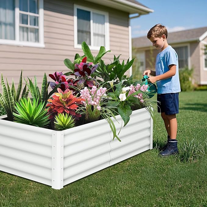 6x3x1.5 FT Galvanized Raised Garden Beds Large Raised Beds for Gardening Above Ground Garden Bed Outdoor Metal Planter Boxes Outdoor for Vegetables Flowers Fruits White 2 Pcs