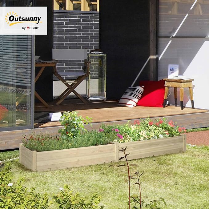 Outsunny 8x2ft Wooden Raised Garden Bed Kit Outdoor Elevated Planter Box Self Draining Bottom and Liner Patio to Grow Vegetables Herbs and Flowers Natural