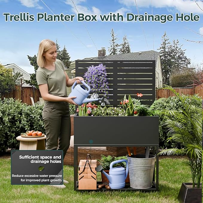 Metal Planter Box Multi-Functional &amp Easy to Assemble 55 H x 35 W Raised Garden Bed for Climbing Plants Elevated Standing Garden Planter with Drainage Holes for Outdoor Patio Black