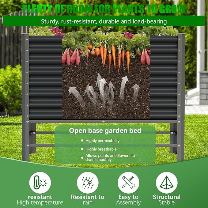 Doniks Raised Garden Bed with Legs 48×24×37in Large Outdoor Metal Galvanized Garden Planting Box900lb Capacity for Vegetables Lawn Green Flowers Fruits Terrace