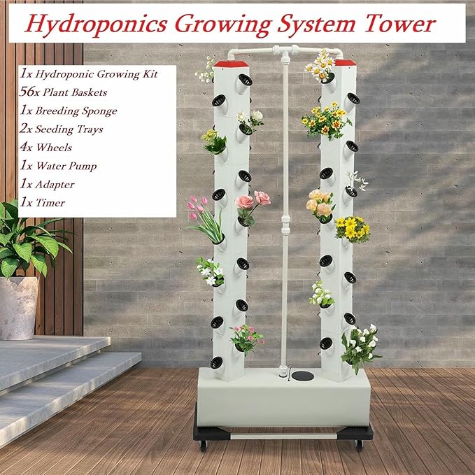 Indoor Hydroponics Growing System Kit - 2-Tier 56-Plant Hydroponic Tower with Breeding Sponges Seed Trays Water Pump for Gardening-