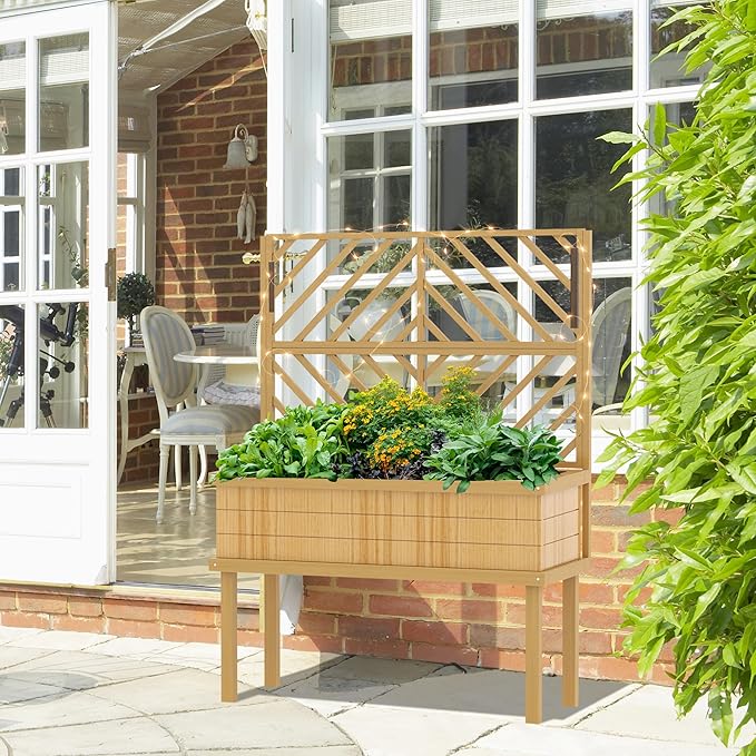 Wooden Planter Box with Trellis Elevated Raised Garden Bed for Climbing Plants Fir Wood Flower Shelf with Drainage Holes Natural 41.25 W x 17.75 D x 55 H