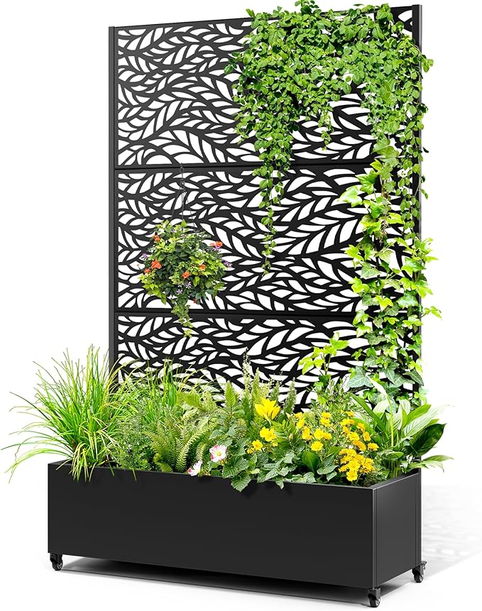 Metal Raised Garden Bed with Trellis 2-in-1 Planter Box &amp Privacy Screen for Climbing Plants Outdoor Standing Flower Bed with Drainage Holes 47.2 L x 16.7 W x 70.8 H Black-Spring