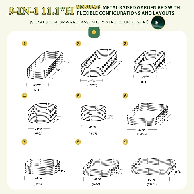 8x2x1ft Galvanized Raised Garden Bed 9-in-1 Outdoor Metal Raised Planter Box Oval for Vegetable Flower Backyard and Patio Green