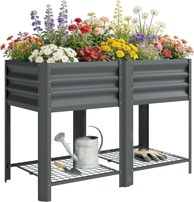 Outsunny Galvanized Steel Raised Garden Bed with Storage Shelf and Bed Liner Elevated Planter Box with Legs for Flowers Vegetables and Herbs for Outdoor Patio Yard Glove Included Dark Gray