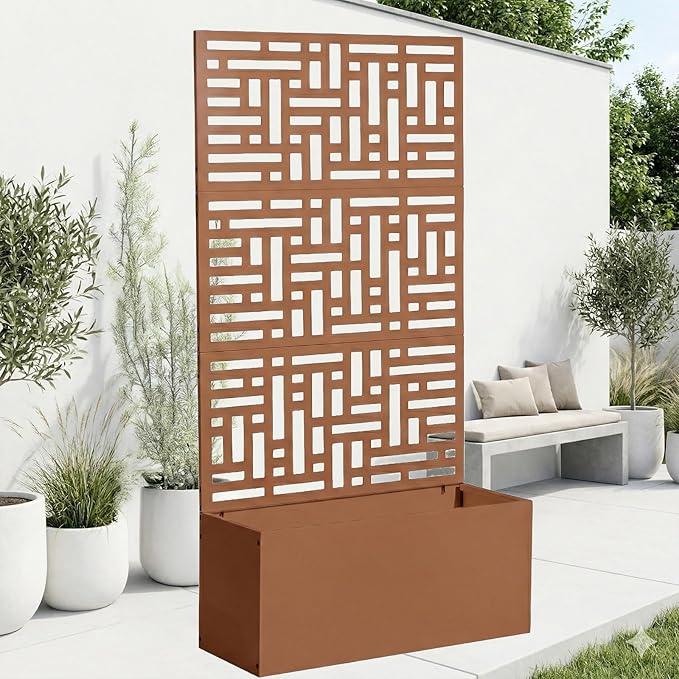 Metal Planter Box with Trellis70 Outdoor Raised Garden BedPrivacy Planters for Patio GardenPlanter Box with Drainage Holes for Climbing Plants (Brown)
