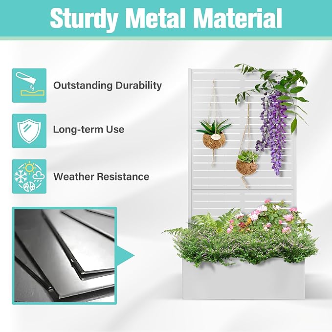 71x35x16 Metal Planter Box with Trellis Raised Garden Bed with Trellis Planter Box &amp Privacy Screen for Climbing Plants Vegetable Vines(White Louvered)