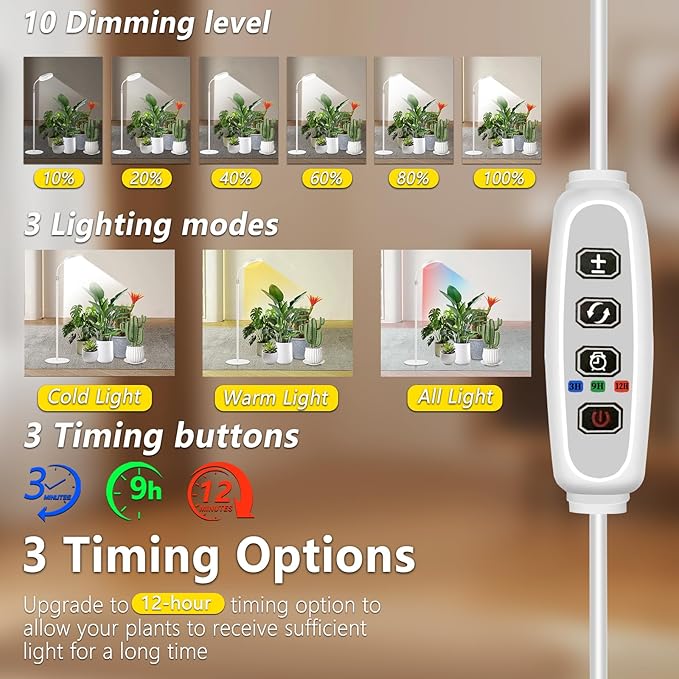 Floor Grow Lights for Indoor Full Spectrum Plant Lighting with Adjustable 67 Stand for Growing Large Tall Plants 3/9/12H Timer3 Light Modes 10 Dimming