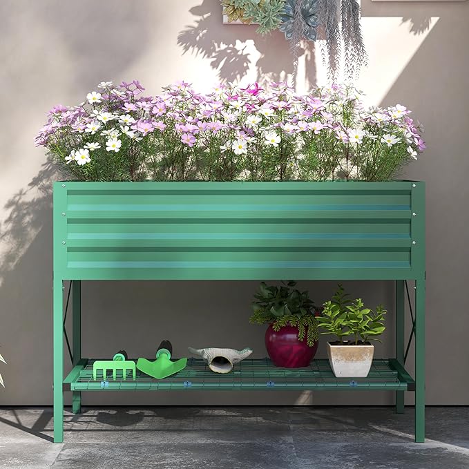 Outsunny Raised Garden Bed with Galvanized Steel Frame Storage Shelf and Bed Liner Elevated Planter Box with Legs for Vegetables Flowers Herbs Green