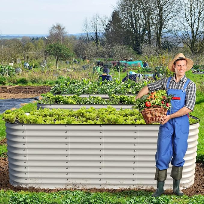Olle Galvanized Planter for Vegetables 12-in-1 Large Metal Raised Bed Gardening Kit for Outdoors 32 Tall Size 5X5 Feets 8X2 Feets 4x8 Raised Garden Bed Ivory