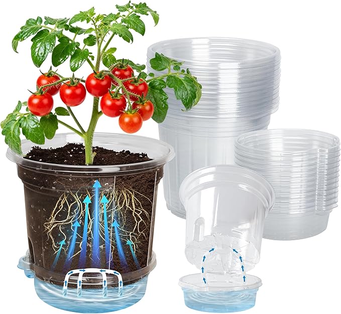 12 Pack 6.5 Inch Clear Self Watering Plant Pots with Bottom Water Tray &amp Watering Rope Transparent Nursery Pots with Drainage for Seedlings Herbs and Houseplants