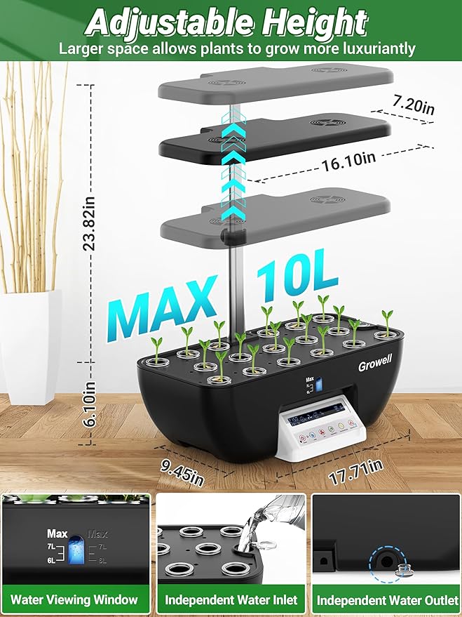 Hydroponics Growing System Kit 17 Pods Herb Garden with 102 28W Full-Spectrum Grow Lights &amp 2 Fans Indoor Garden with Water Pump 10L Water Tank Auto Timer Height Adjustable (Black &amp White