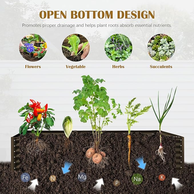 Domi 8x4x1.5ft Metal Raised Garden Beds Outdoor Thickened Galvanized Steel Deep Root Planter Box with Stabilizing Bars &amp Rubber Edging for Vegetables Flowers Herbs - Brown