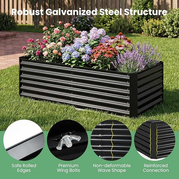 HAPPYGRILL Raised Garden Bed with Cover Planter Boxes Outdoor w/Mini Greenhouse 2 Roll-up Windows &amp Open-Ended Base Metal Growing Raised Bed for Vegetables (Black 71” x 36” x 48”)
