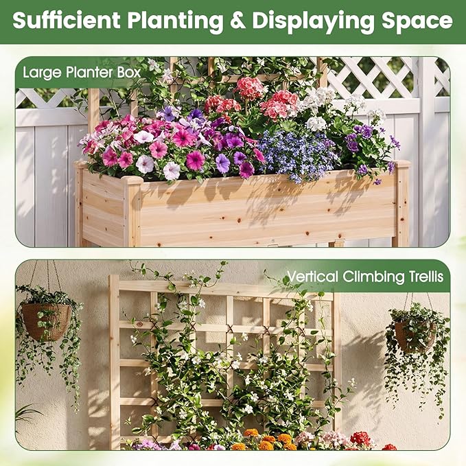 COSTWAY Wooden Raised Garden Bed with Trellis Mobile Elevated Planter on Wheels 285 lbs Capacity with Liner &amp Drainage Holes Freestanding Outdoor Box for Climbing Plants Vegetables &amp Herb