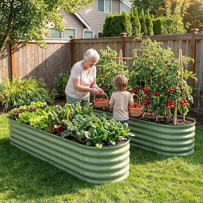 INNO STAGE Galvanized Raised Garden Bed Kits 8x2x1.4FT Metal Raised Garden Beds Outdoor 17'' Tall Large Steel Raised Planter Bed for Vegetables &amp Flowers Patio Ground Planter Box (Olive Green 2