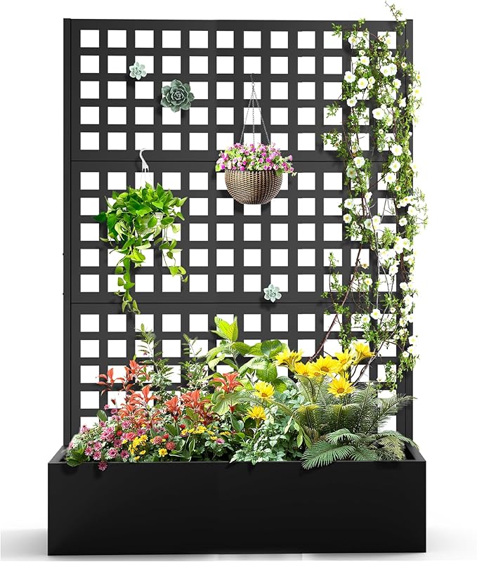 Metal Raised Garden Bed Trellis Planters Bed with Drainage Holes for Climbing Plants Vegetables Outdoor Privacy Screen with Planter Box 73x47x16 Black