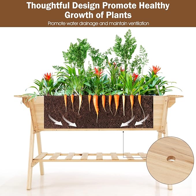 Giantex Raised Garden Bed Wood Planter Raised Bed with Storage Shelf Outdoor Plant Box Black Liner Drainage Hole Elevated Freestanding Garden Box for Patio Backyard Balcony 59x31x32.5