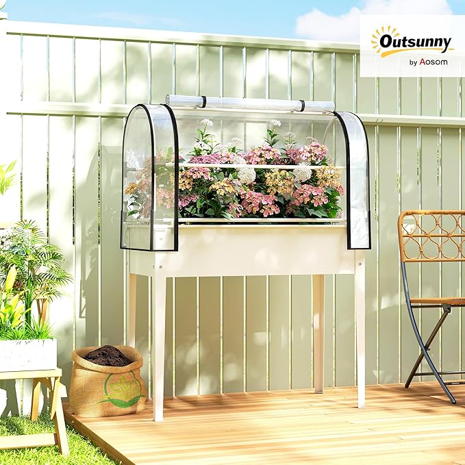 Outsunny Raised Garden Bed with Flip-Up Greenhouse Cover Metal Elevated Garden Bed with Legs and Drainage Hole Outdoor Raised Planter Box for Vegetables Herbs Flowers 39.4 x 19.3 x 53.5 White