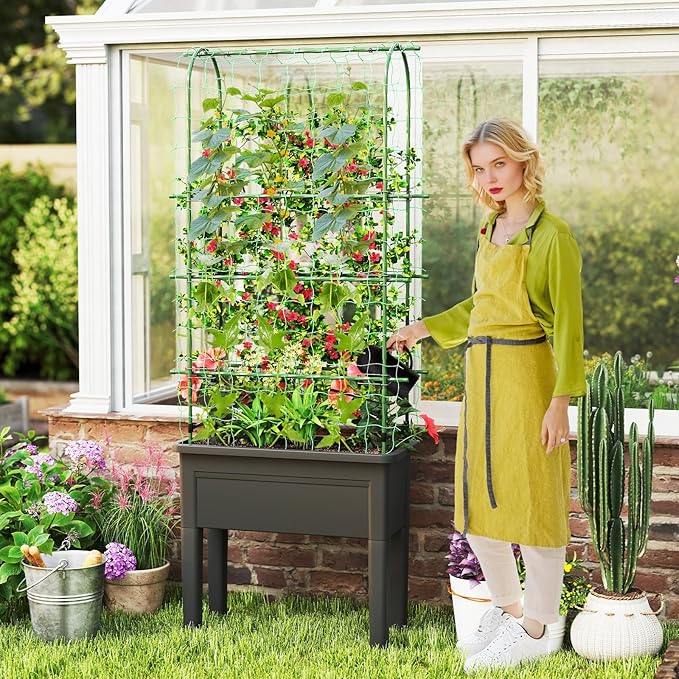 Giantex Raised Garden Bed with Legs &amp Trellis for Climbing Plants Self-Watering Planter Box w/Water Level Gauge for Vine Flower Herb Vegetable (29.5x13.5x76)