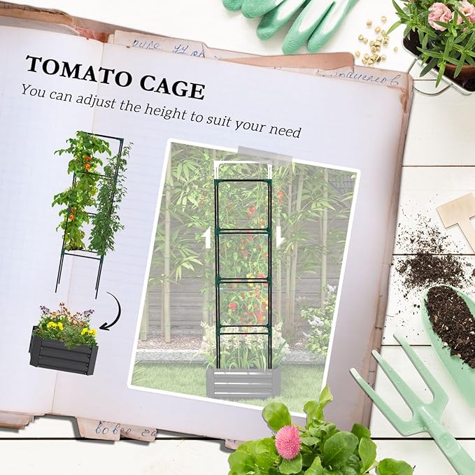 Galvanized Raised Garden Bed Steel Gray Raised Planter with Tomato Cage Backyard Garden Patio Durable Outdoor Planter